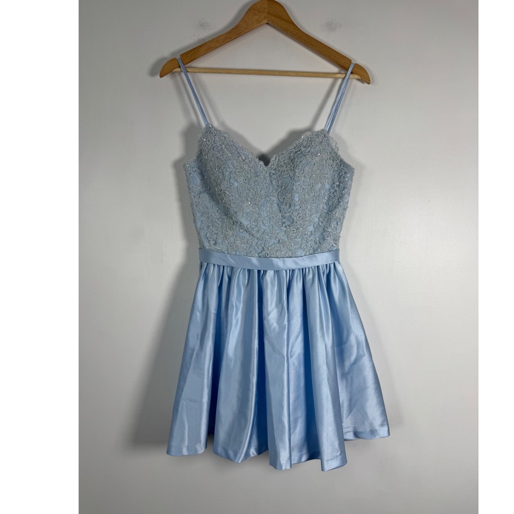 Coquette JJ'S HOUSE Womens 2 Mini Cocktail Dress Blue Lace Satin Sequin Flare